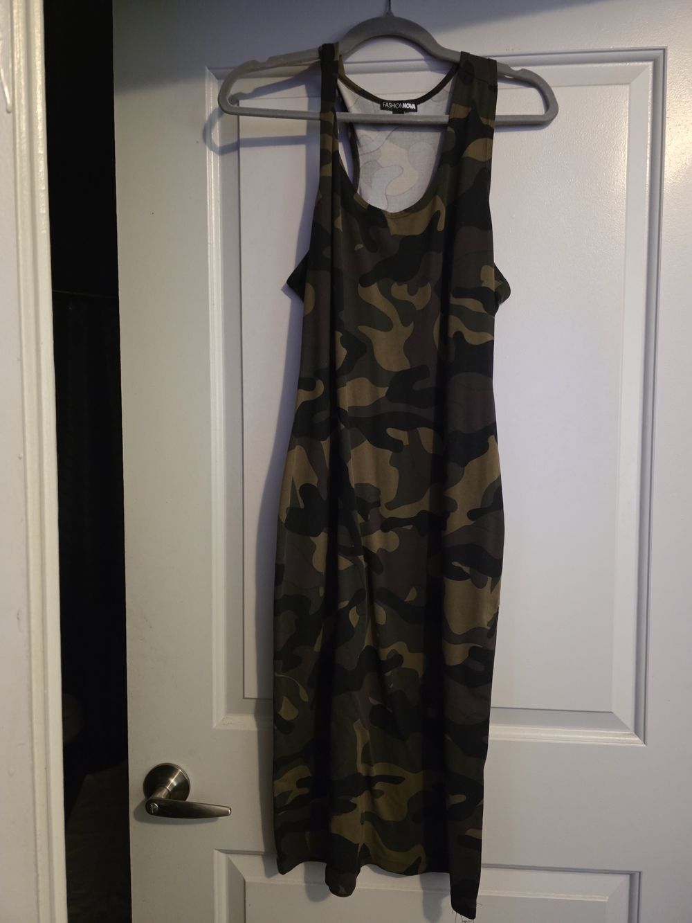 Fashion Nova Camouflage Midi Dress in Olive Green and Black